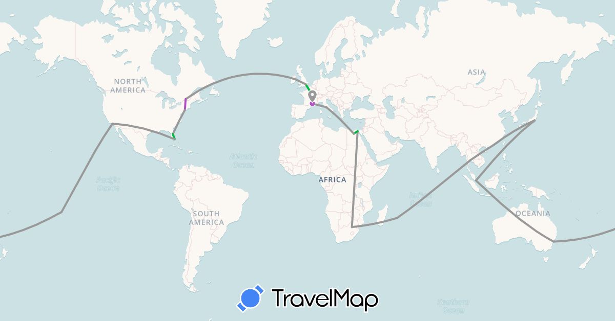 TravelMap itinerary: driving, bus, plane, train in Australia, Canada, Egypt, France, United Kingdom, Hong Kong, Ireland, Italy, Japan, French Polynesia, Réunion, Singapore, Thailand, United States, South Africa (Africa, Asia, Europe, North America, Oceania)
