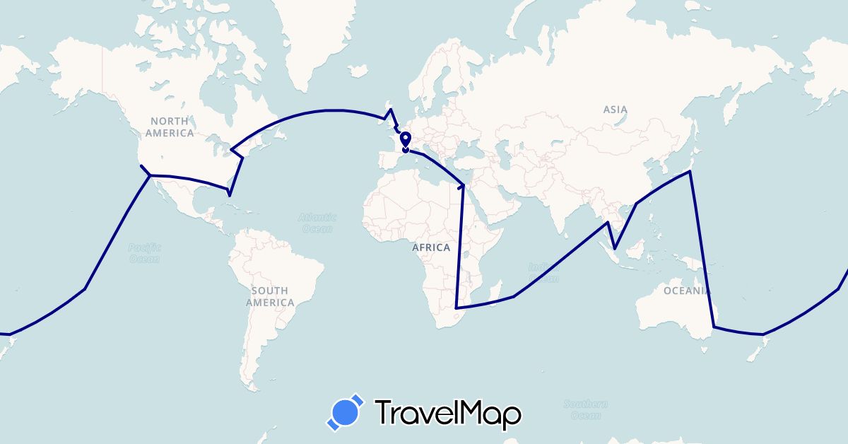 TravelMap itinerary: driving in Australia, Canada, Egypt, France, United Kingdom, Hong Kong, Ireland, Italy, Japan, New Zealand, French Polynesia, Réunion, Singapore, Thailand, United States, South Africa (Africa, Asia, Europe, North America, Oceania)